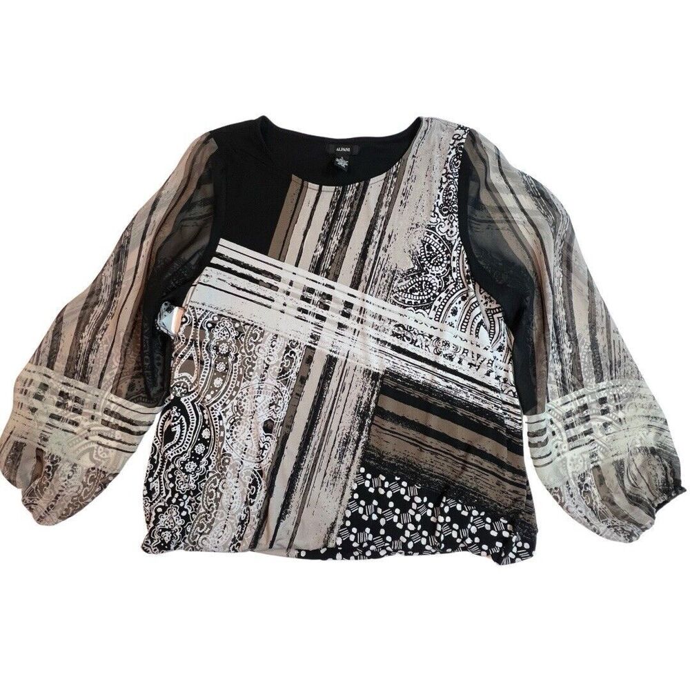 Alfani Blouse Womens Large Abstract Top Paisley Sheer Balloon Sleeve Boho Shirt - Picture 6 of 9
